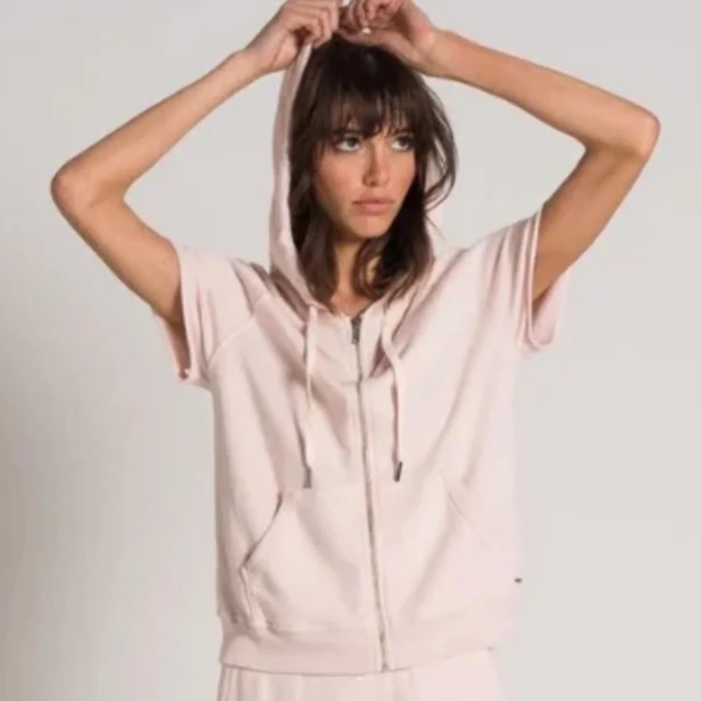 Light Pink Short Sleeve Zip Hoodie - Picture 1 of 13